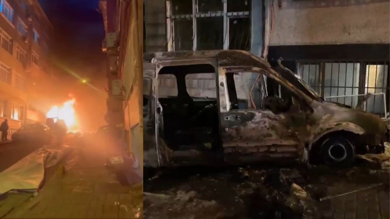 Fatih'te park halindeki hafif ticari araç alev alev yandı