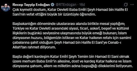 Erdoğan'dan Katar eski Emiri Hamed bin Halife Al Sani için taziye mesajı