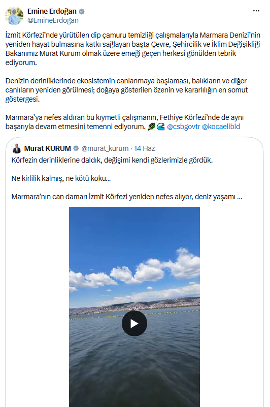 Emine Erdoğan'dan Bakan Kurum'a tebrik mesajı