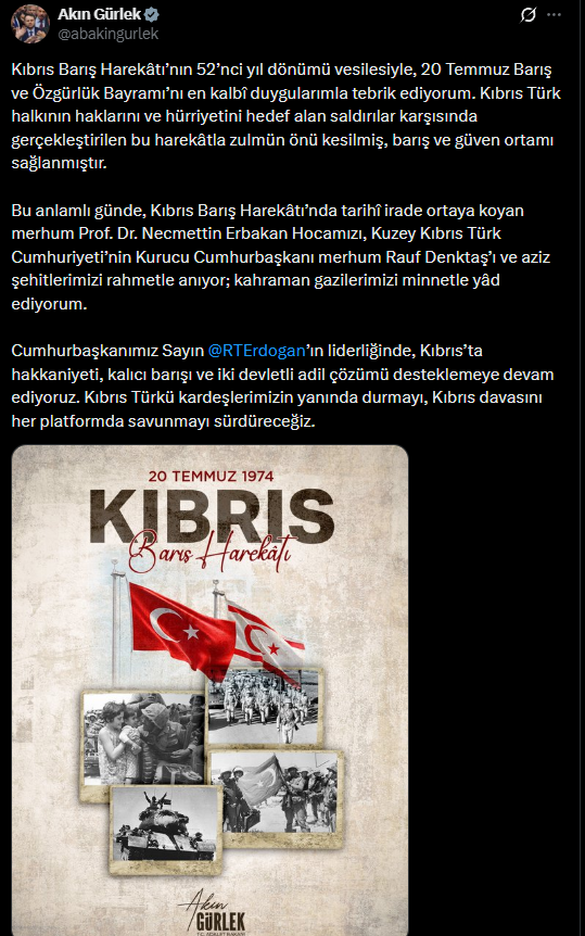 Akın Gürlek'ten Kıbrıs paylaşımı! 