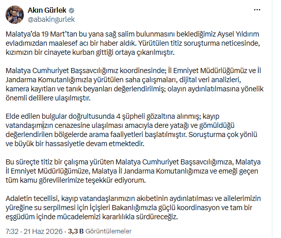 Bakan Akın Gürlek duyurdu! Kayıp Aysel Yıldırım'ın cinayete kurban gittiği ortaya çıktı