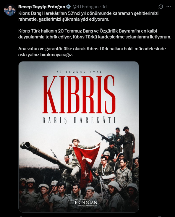 Cumhurbaşkanı Erdoğan'dan Kıbrıs paylaşımı! "Türk halkını asla yalnız bırakmayacağız"
