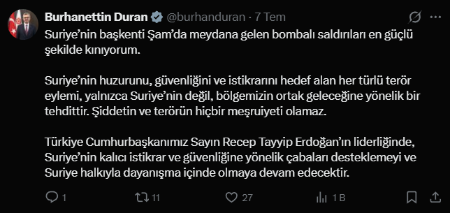 Duran'dan Şam'daki saldırıya sert kınama! 