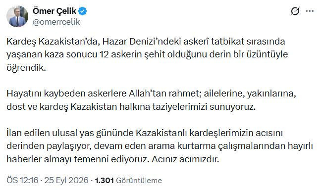 AK Parti S&ouml;zc&uuml;s&uuml; &Ouml;mer &Ccedil;elik'ten Kazakistan'a taziye mesajı!