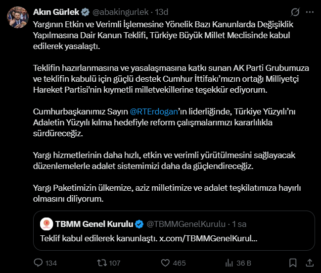 12. Yargı Paketi TBMM'de Kabul Edildi: Bakan Gürlek'ten 'Hayırlı olsun' mesajı