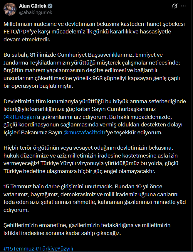 Akın Gürlek'ten operasyon mesajı! 