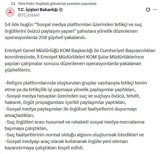 İçişleri Bakanlığı duyurdu! Suç örgütlerini övenlere dev operasyon: 258 gözaltı - Resim : 2