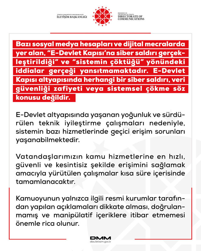 İletişim Başkanlığı'ndan e-Devlet'le ilgili iddialara yalanlama
