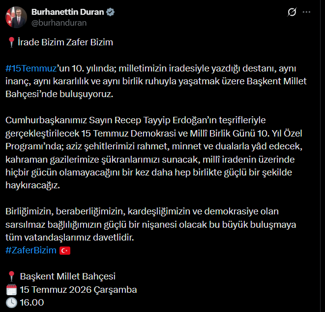 Burhanettin Duran'dan 15 Temmuz mesajı! 