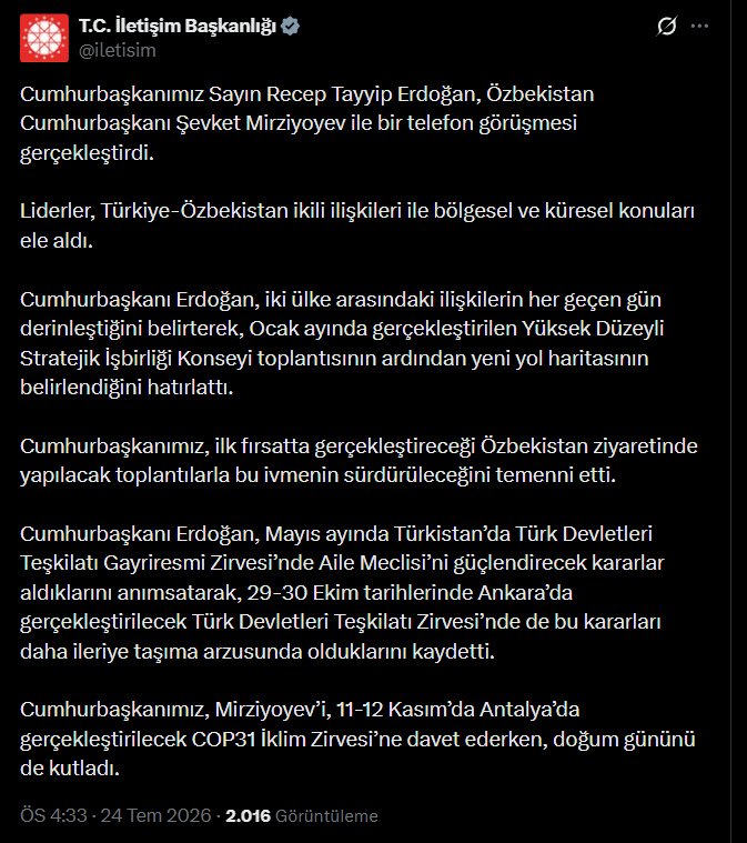 Erdoğan'dan Mirziyoyev'e COP31 daveti! İletişim Başkanlığı duyurdu