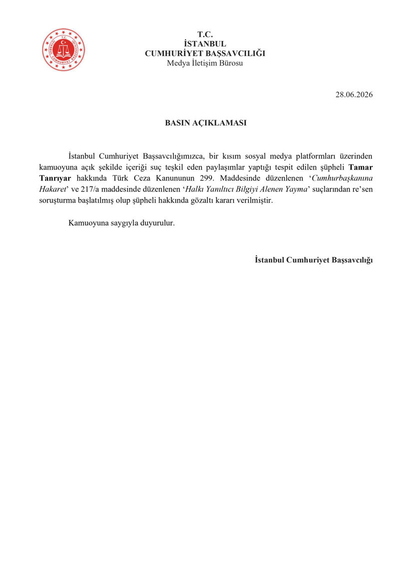 Başsavcılık'tan Cumhurbaşkanı Erdoğan'ı hedef alan paylaşıma soruşturma! Tamar Tanrıyar hakkında gözaltı kararı