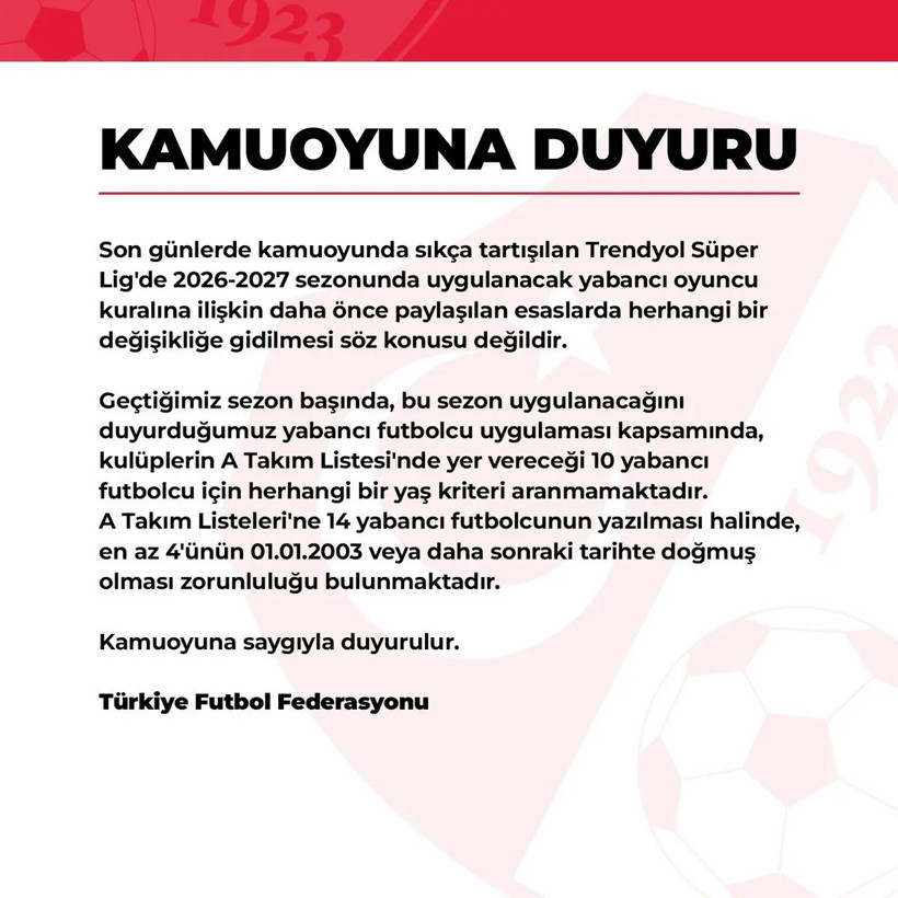 TFF’den yabancı kuralı açıklaması: Değişiklik olacak mı?