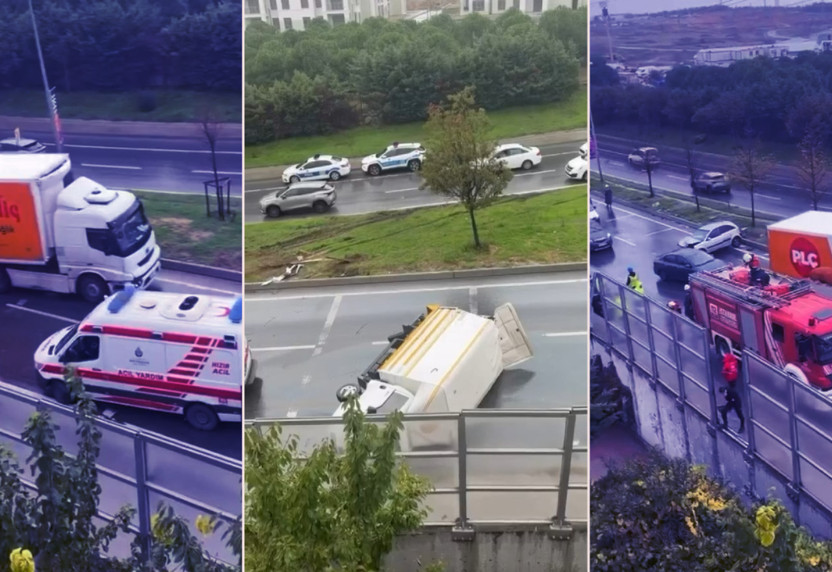 Sultangazi'de dehşet anları! 2 araca çarpan kamyon 5 metre yükseklikten bahçeye uçtu! Yaralılar var